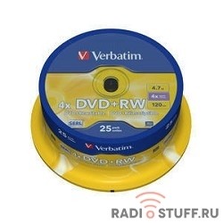 Verbatim  Диски DVD+RW , 4.7Gb 4-х , 25шт, Cake Box (43489)